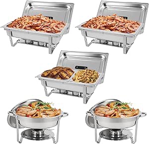 Restlrious Chafing Dish Buffet Set Stainless Steel 5QT Round & 8QT Rectangle Foldable Chafers & Buffet Warmers Set, w/Full & Half Size Food Pan, Water Pan, Fuel Holder & Lid for Catering Event, 5 Pk 1/1&1/2 Pan-5 Pack