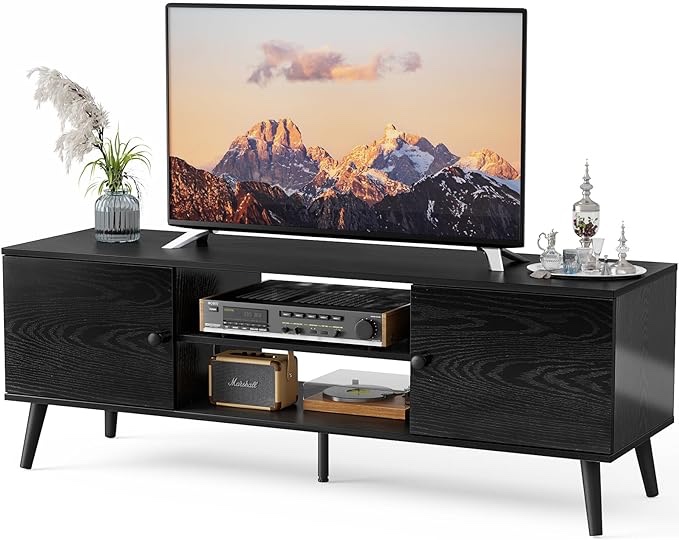 Sweetcrispy TV Stand for 55 60 inch Television, Mid Century Modern Console Media Table, Wood Entertainment Center with Storage Cabinet, Living Room Furniture with Assemble Tool, Adjustable Hinge Door