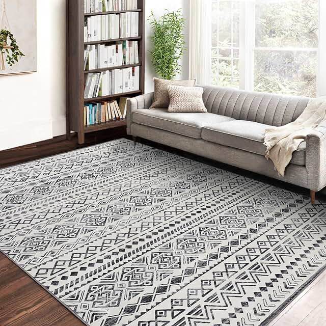 Zacoo Bohemian Washable Rugs for Living Room 5x7 Rug Non Slip No Shedding Carpet Rug Geometric Abstract Area Rug Low Pile Floor Carpet Throw Rug Bedroom Decor Dining Room, Grey Grey 5'x7'