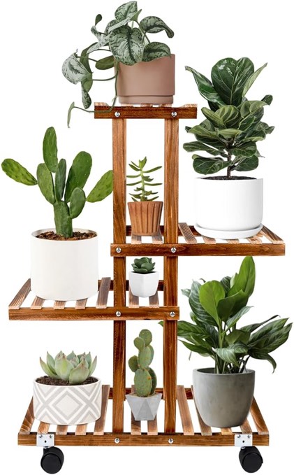 Plant Stand with Wheels Wood Indoor&Outdoor Rolling Plant Shelf for Plants 4 Tiers 8 Potted Ladder Plant Holder Table Plant Pot Stand Side Tables Living Room Bathroom Home Decor for Corner Shelves