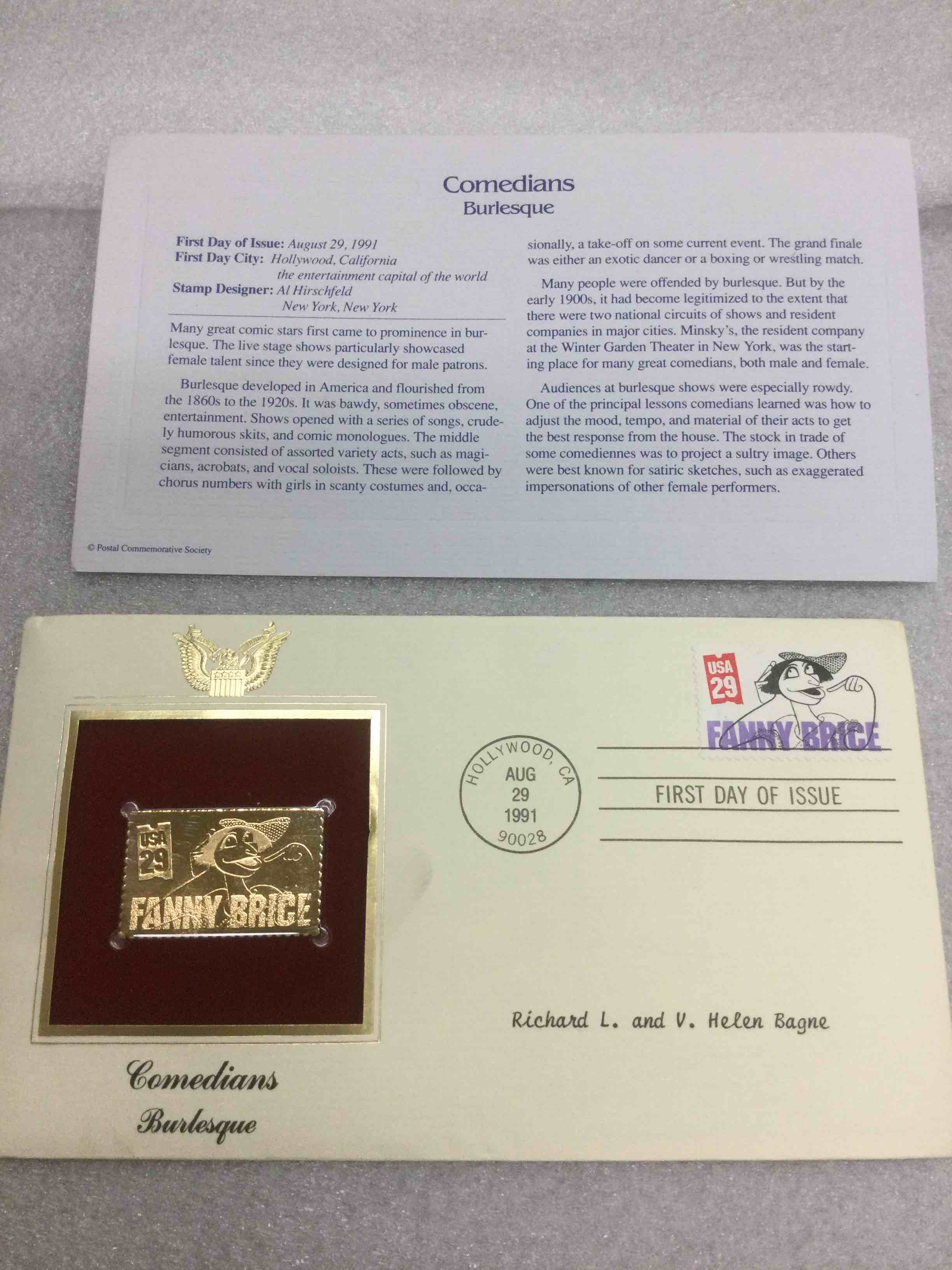 Fanny Brice Comedians Burlesque 1st Day Issue USPS 22KT Gold Stamp 