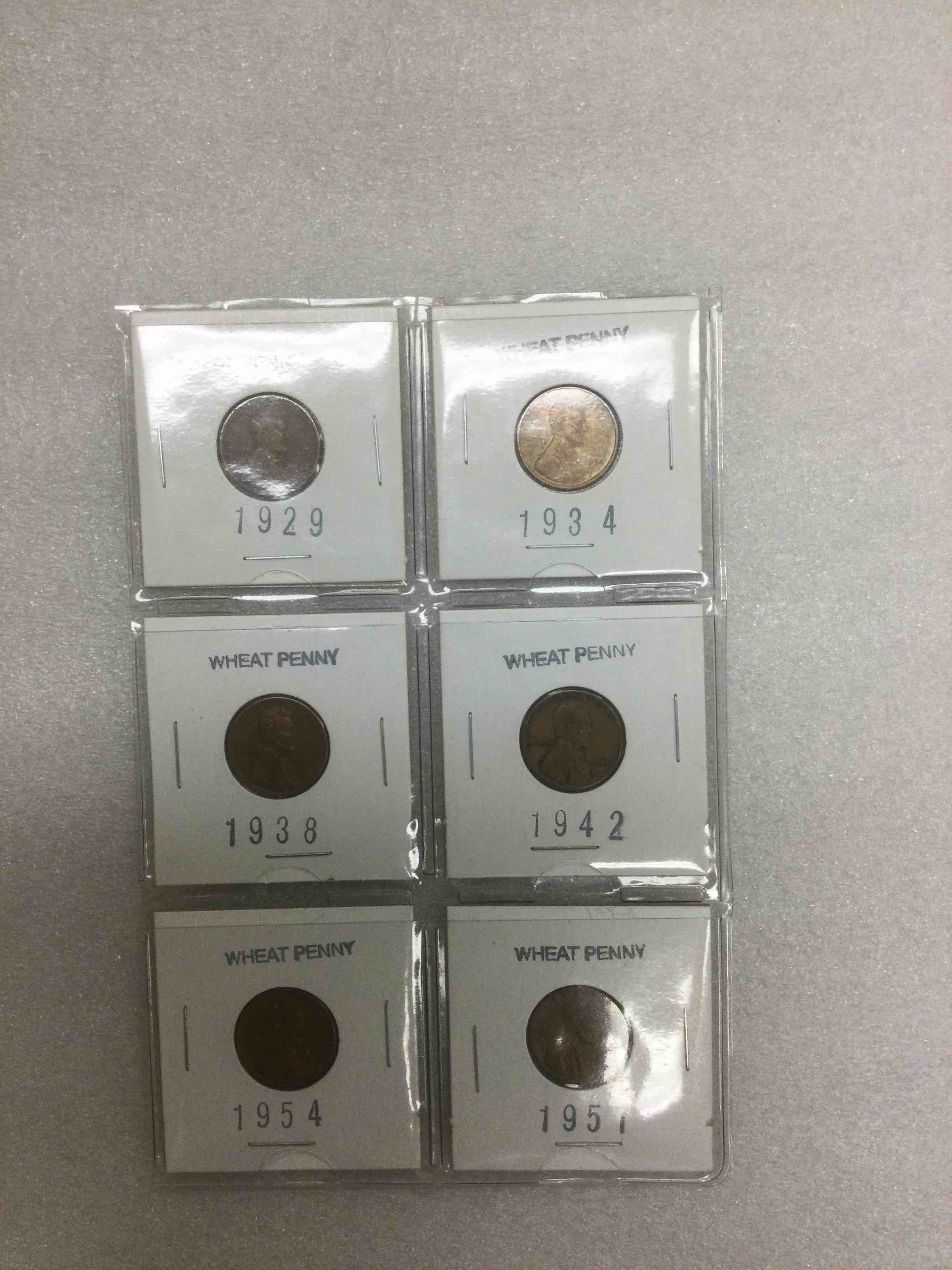 6 Wheat Pennies 1929, 1934, 1938, 1942, 1954 and 1957 