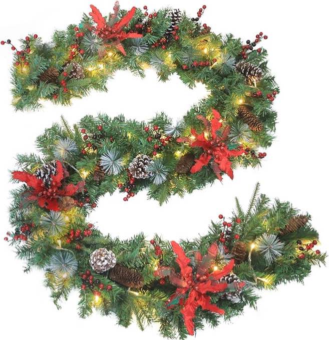 9 Ft Christmas Garland with Lights Battery Operated, Pre-Lit Christmas Garland Decoration for Xmas Fireplaces Stairs Wall Mantle Door Indoor Outdoor Decor (9 Ft Christmas Flowers)
