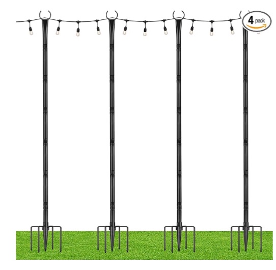 String Light Poles with Hooks, 4 Pack 8.5FT Metal Light Pole for Outdoor String Lights with 5-Prong Fork for Garden, Patio, Wedding Party, Outdoor Light Stand Holder for Christmas Deck, Black