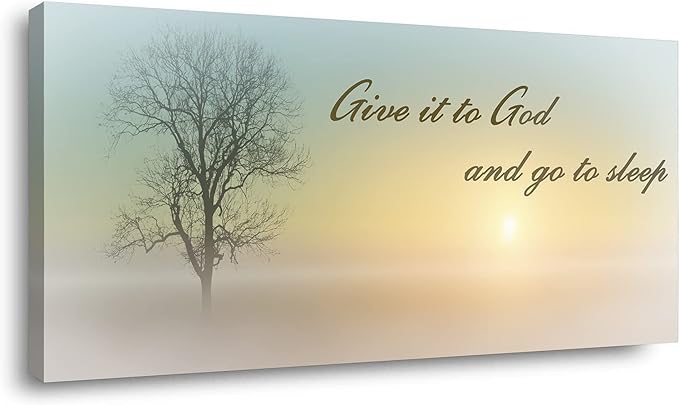 Misty Sunset & Tree Plant Picture For Bedroom Above Bed,Large White Country Wood Sign For Bathroom Canvas Wall Art,Give It To God And Go To Sleep Artwork Decor,Gallery Wrapped Gift,Inner Frame(30x60)