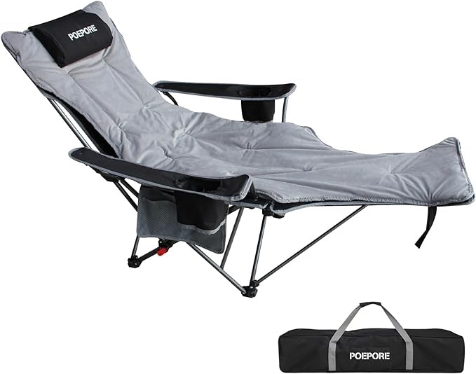 POEPORE Reclining Camping Chair with Removable Footrest Lounge Chair with Headrest, Cotton Cushion, Portable Adjustable Folding Chairs for Adults Cyan