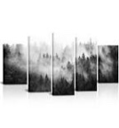 RyounoArt 5 Pieces Foggy Forest Canvas Wall Art Black and White Landscape Misty Mountain Tree Painting Photographic Print Pictures for Living Room Bedroom Ready to Hang