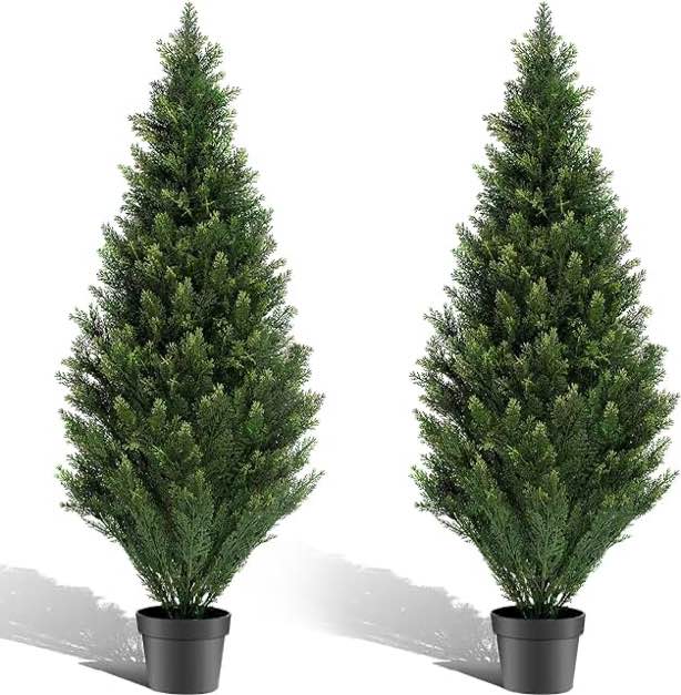Two 4 Foot Outdoor Artificial Cedar Topiary Trees Uv Rated Potted Plants