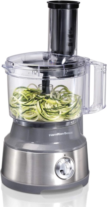 Hamilton Beach Food Processor & Vegetable Chopper for Slicing, Shredding, Mincing, and Puree, 10 Cups + Veggie Spiralizer makes Zoodles and Ribbons, Grey and Stainless Steel (70735) Grey and Stainless Steel 10 Cups + Veggie Spiralizer makes Zoodles and Ri