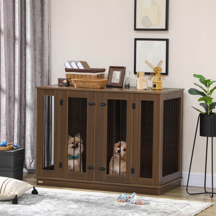 Silvester 2-In-1 Size-Changing Large/Small Dog Kennel End Table With Removable Wall, Dog Crate Furniture With Shelving, Pet Crate With Two Rooms Design, Front Doors, 47.25" X 23.5" X 34.75"