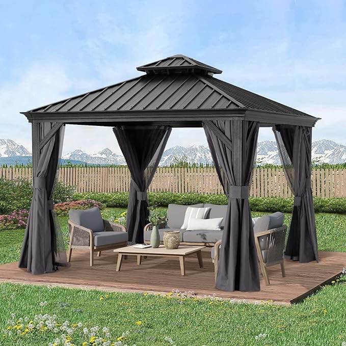 ABCCANOPY 10x10 Hardtop Gazebo - Outdoor Metal Gazebo with Galvanized Steel Roof, Permanent Aluminum Pavilion with Netting and Curtain for Patio, Lawn, Garden (Double Roof, Gray)