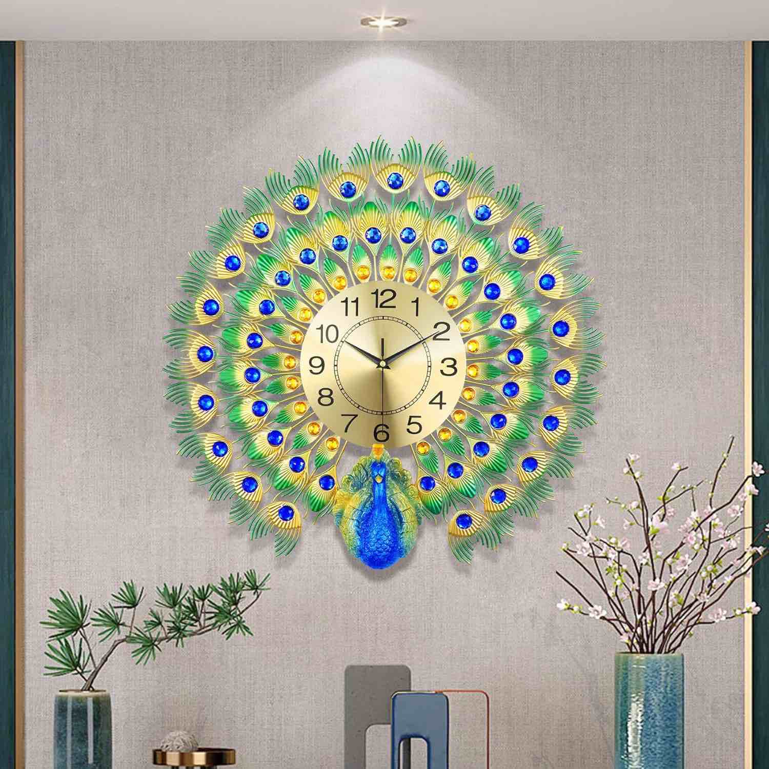 Large Peacock Wall Clock 23.7 inch Non-Ticking Silent Crystal Creative Personality Modern Art X00263U659