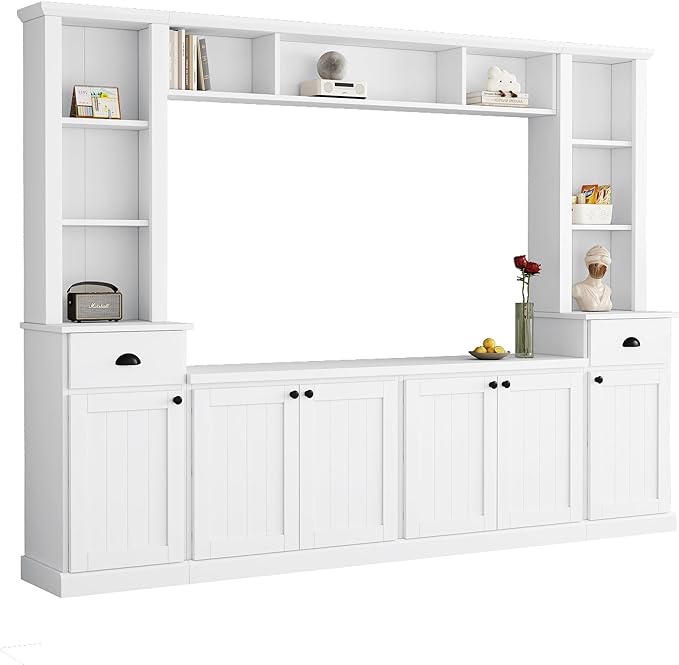 LUMISOL Entertainment Wall Unit Set with Bridge and Adjustable Shelves, Ample Storage Space TV Stand Set for Televisions Up to 75'', Modern Large Media Console for Living Room, White