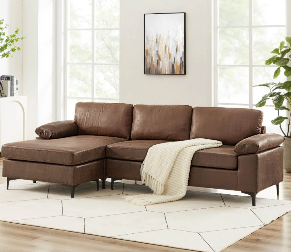 VANOMi 100" Reversible Sectional Sofa, Faux Leather Mid-Century Modern ...