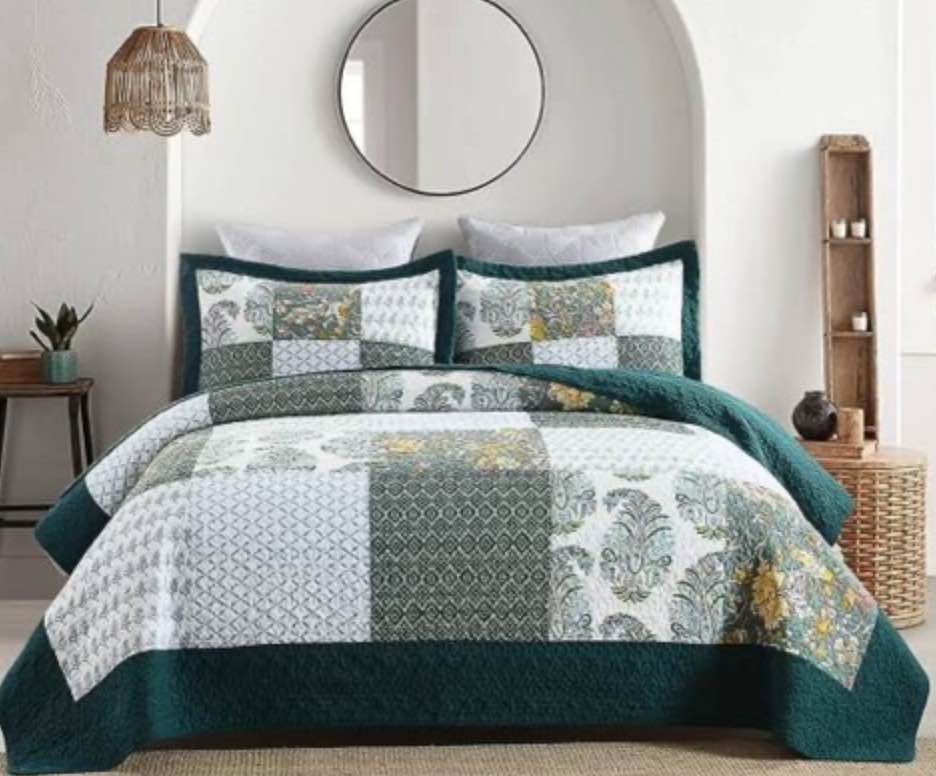 Secgo King Size Comforter Set- 100% Cotton Quilt King Size Set, Green, Emerald, bedspreads (98 * 106 Inch) with 2 Pillow Shams, Patchwork Reversible Lightweight Bedding 