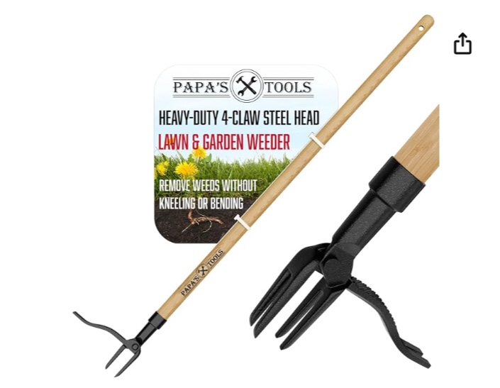 Papa's Weeder - Stand Up Weed Puller Tool Made with Long Wooden Handle - Real Bamboo & 4-Claw Steel Head - Easily Remove Weeds Effortlessly Without The Need to Tug, Bend, Or Flex,