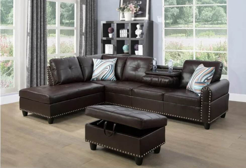 PonLiving Furniture Room Sectional Set, Leather Sectional Sofa in Home, with Storage Ottoman and Matching Pillows Left Hand Facing Brown(incomplete Right Arm Sofa only )