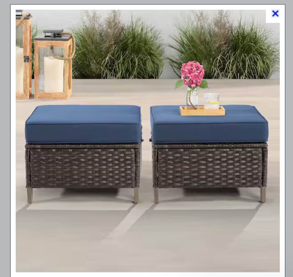 Wicker Outdoor Patio Ottoman with Navy Blue Cushions (Set of 2)