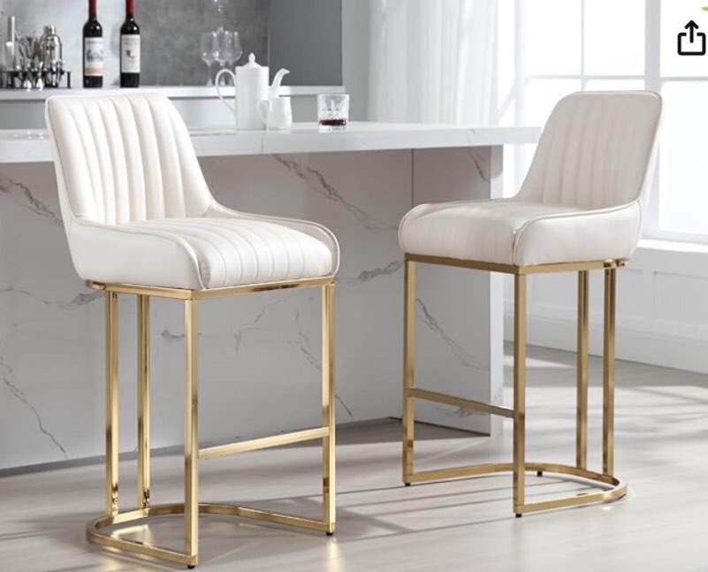 CIMOTA Counter Height Bar Stools Set of 2 with Back Modern Kitchen Counter Stools with Gold Legs Leather Island Chairs Comfy Stripe Barstools for Breakfast Bar, 26 Inch/PU Beige