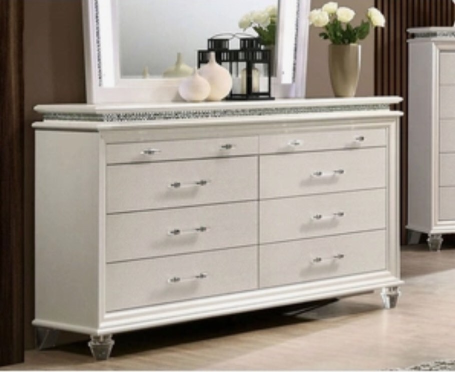 Maddie Collection CM7899D 64" Dresser with English Dovetail Drawers  Acrylic Pulls and Acrylic Legs in Pearl White