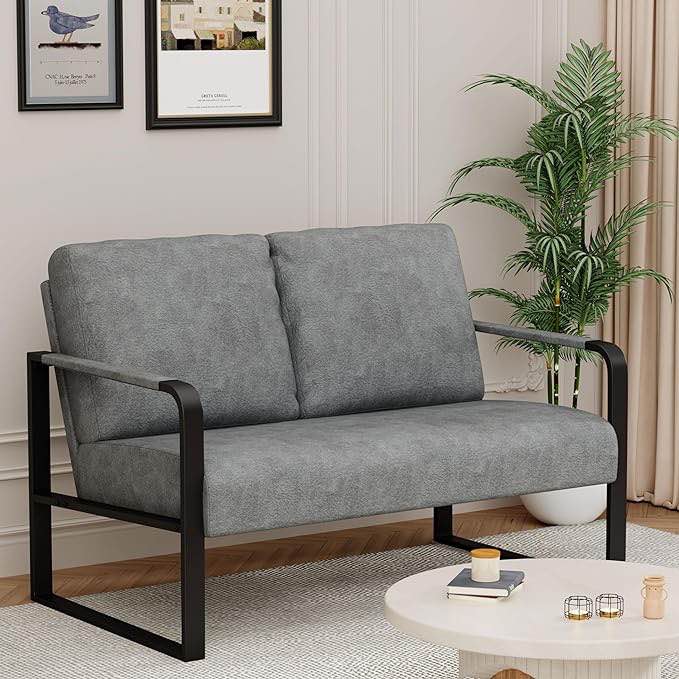 Love Seat Mini Couch Small Settee Loveseat Bench for Living Room, Grey Loveseat Sofa Small Sofa Couches for Small Spaces with Padded Cushion, Mid Century Modern Grey Love Seats