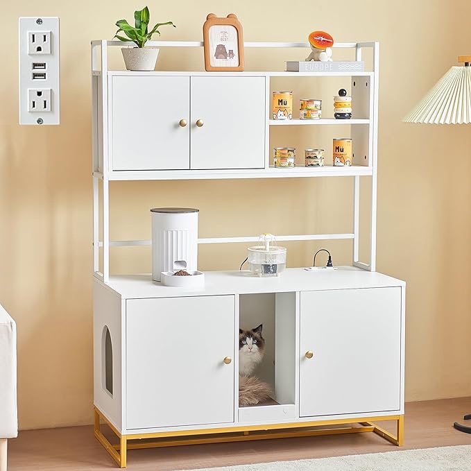 Cat Litter Box Enclosure with Power Outlet, Upgraded 60'' Large Double Hidden Cat Litter Box Furniture with Shelf, Indoor Cat House Furniture with Cat Scratching Pad for 2 Cats, White