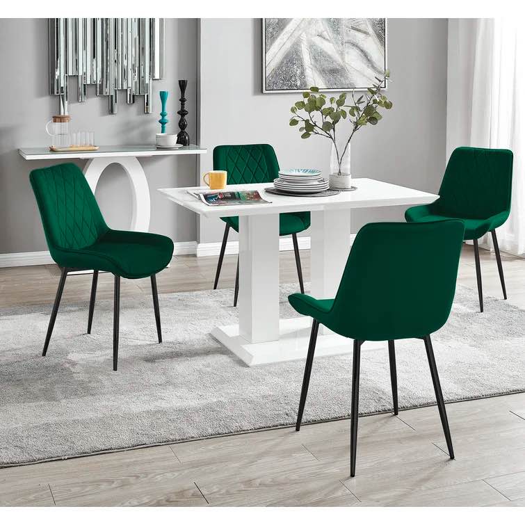 Eubanks High Gloss Double Pillar Dining Table Set with 4 Luxury Velvet Upholstered Dining Chairs