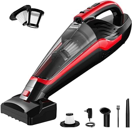 Powools Pet Hair Handheld Vacuum - Car Vacuum Cleaner Cordless Rechargeable, Hand Vacuum with Reusable Filter and Motorized Brush for Carpet, Couch & Stairs, Red