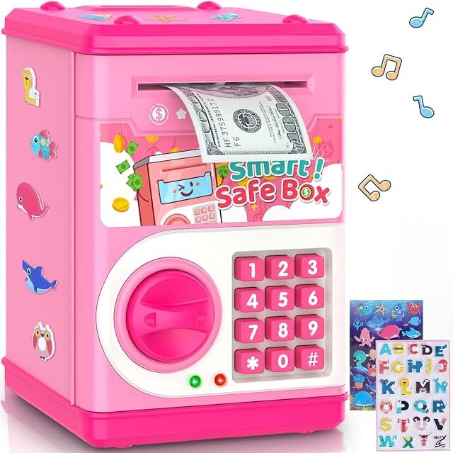 Pink Piggy Bank for Kids with Password Code Lock and Auto Grab Bill Slot, PhilaeEC Real Money Cash Coin Can Saving Box Electronic Money Safe Bank, Hot Gift for 4 7 8 9 10 11 Year Old Boys Girls