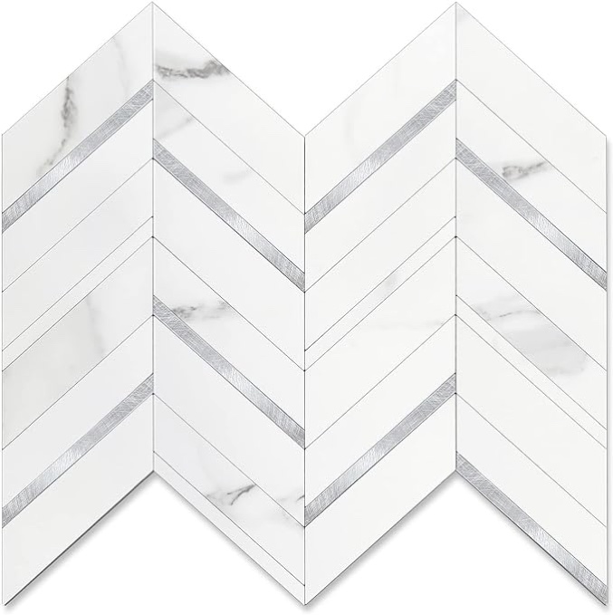 STICKGOO 10-Sheet Herringbone Tile Peel and Stick Backsplash, White Marble PVC Stick on Backsplash, Self Adhesive Wall Tile for Kitchen and Bathroom
