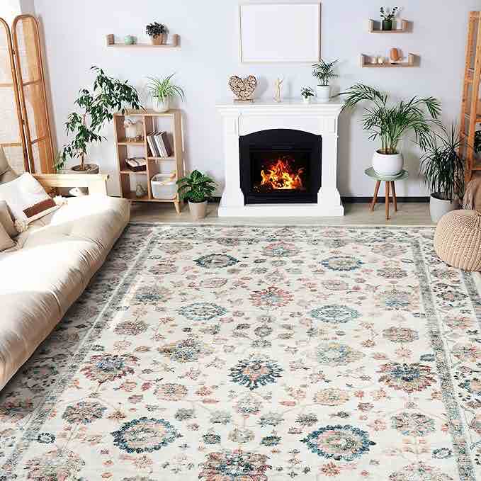 Mcadore 8x10 Washable Boho Area Rug - Non Slip, Indoor Large Carpet for Living Room, Bedroom, Kitchen - Tangerine/Multi Color, Easy to Clean, Durable and Stylish
