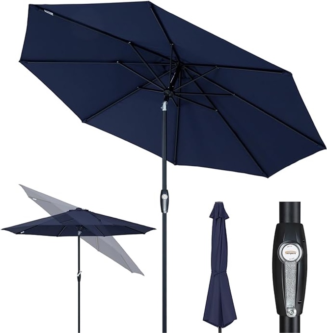 Tempera 10' Outdoor Market Patio Table Umbrella with Auto Tilt and Crank,Large Sun Umbrella with Sturdy Pole&Fade resistant canopy,Easy to set,Navy