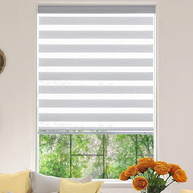 Zebra Roller Window Blinds,Custom Cut to Size,Roller Blinds Dual Layer Roller Shade Blinds, Gray,Fixed 64 InchesHigh,35 Inches Width