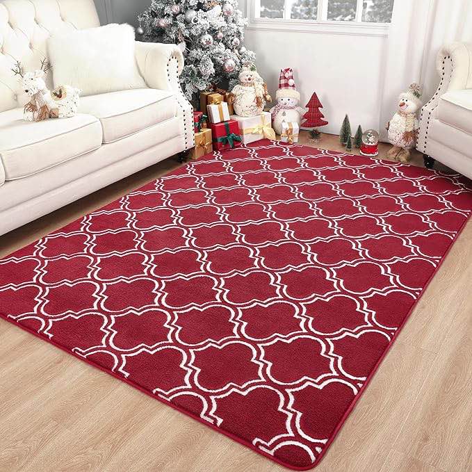 (product similar, stock photo ins’t exact) Chicrug Shag Geometric Modern Area Rug for Living Room, 3x5 Feet Large Memory Foam Indoor Carpet, Fluffy Rug for Bedroom Bedside Room Decor for Family Girls Kids Nursery, Wine Red