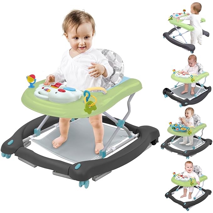 5 in 1 Foldable Baby Walker, Activity Baby Walker-Baby Bouncer, Rocker, Activity Center,Seat and Push Walker,Detachable Trampoline Mat, Adjustable Speed Rear Wheels and Height,Ages 6-18 Months(Blue)