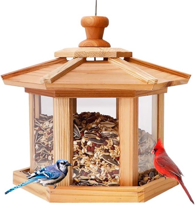 Solution4Patio Hexagon Shaped Gazebo Bird Feeder, USA Cedar, Hollow Mesh Tray, Large Capacity, Easy to Clean & Fill, 9.6" Dia. X 8.7" H, G-B121A00-US