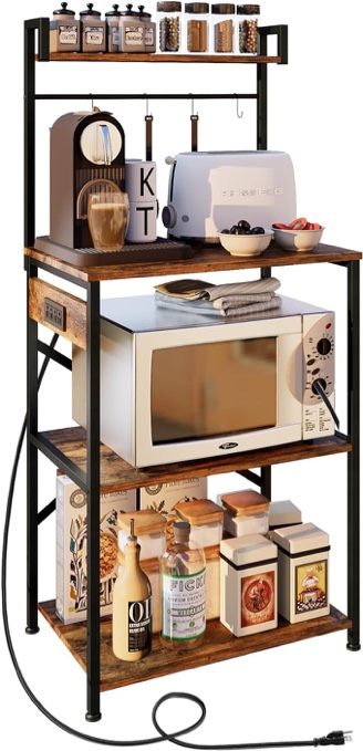 OIRBOEUS Bakers Rack with Power Outlet?Microwave Stand with Storage 5-Tiers,Coffee Bar Station,Microwave Rack?Kitchen Storage Shelf Rack,Rustic Brown