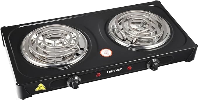HAITOP Countertop Burner Electric Double Burners 2000 Watts Electric Hot Plate Temperature Controls Power Indicator Lights Easy to Clean