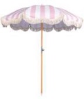 Funsite 6.5ft Boho Beach Umbrella with Fringe, UPF 50+ Tassel Umbrellas with Carry Bag, Premium Wood Pole Foldable Patio Umbrella for Outdoor Holiday Garden Lawn Pool Yard Table, Pink Stripe