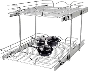 2 Tier Pull Out Cabinet Organizer (11"W x 21"D), Pull out Drawers for Kitchen Cabinets, Pull Out Shelves for Base Cabinet Organization in Kitchen Bathroom Pantry, Chrome Finish