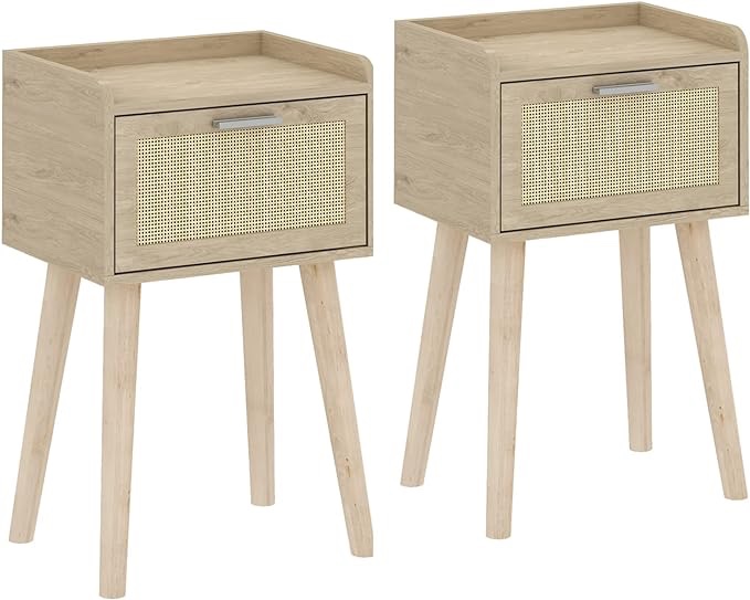 LAATOOREE Nightstand Set of 2, Small Bedside Table, End Table with Rattan Door, Boho Side Table with Solid Wood Legs for Bedroom Living Room Small Space