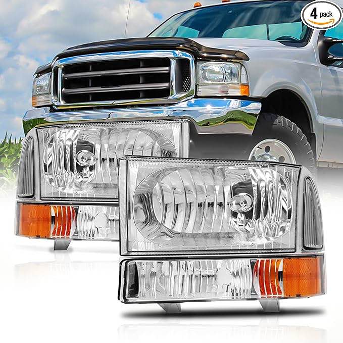 ROADEAL Headlights Assembly for 1999 2000 2001 2002 2003 2004 Ford F250 F350 F450 F550 Super Duty / 00 01 02 03 04 Ford Excursion Sets Headlamp with Bumper Lamps Chrome Housing