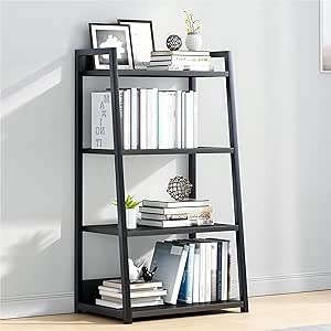 IOTXY 4 Tier Open Bookshelf - Steel and Wood Display Stand, 50CM Width Floor-Standing Bookcase, Black