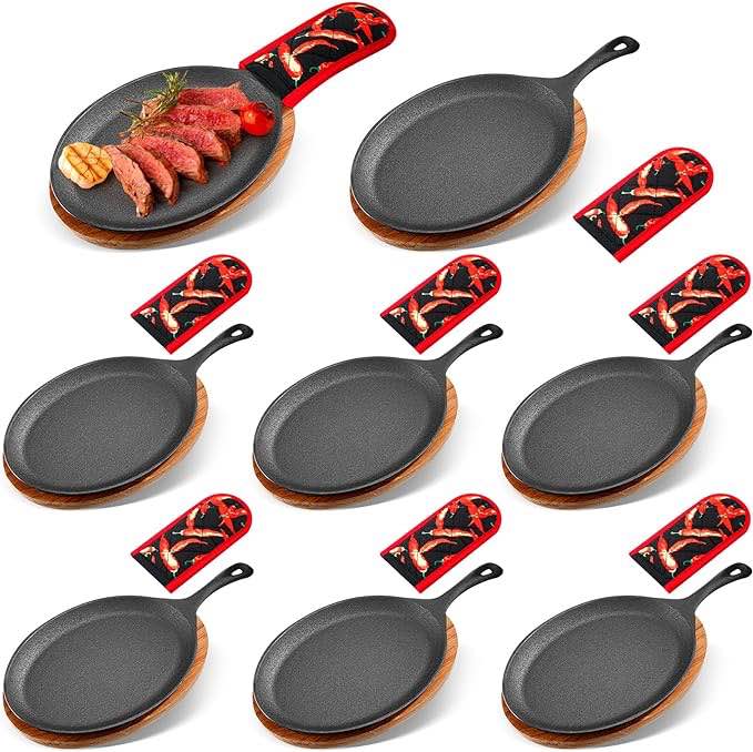 Lallisa 8 Sets Cast Iron Fajita Plate Set Fajita Plate Sizzler Pan with Wooden Tray Anti Scald Protection Hot Mitt Cast Iron Skillet Set for Home Barbeque Kitchen Party Restaurant Catering Service
