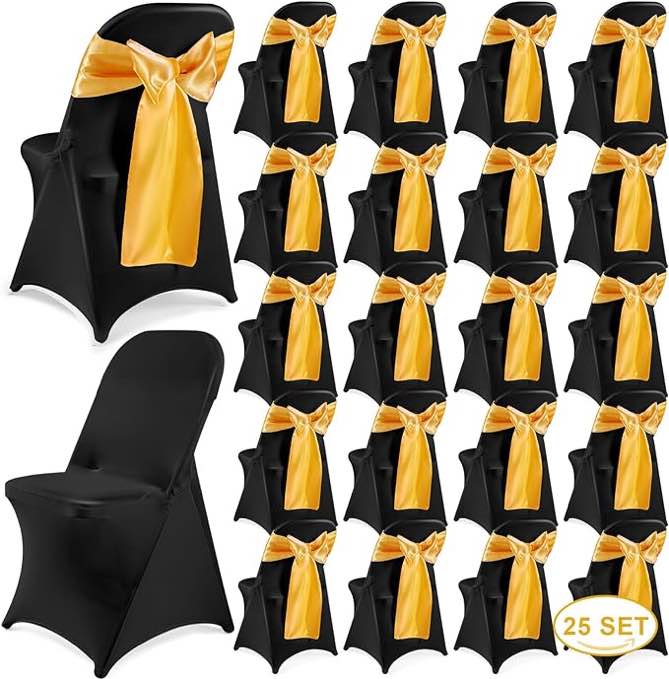 Lounsweer 100 Pcs Stretch Spandex Folding Chair Cover and Satin Chair Sashes Bows Chair Slipcovers Chair Ribbon Bows Washable Chair Cover Protector for Wedding Banquet Party (Black, Gold)