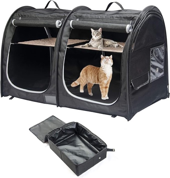 Porayhut Twin Compartment Foldable Cat Cage, Portable, Easy to Carry, with Hammocks, Mats, and Litter Box Black