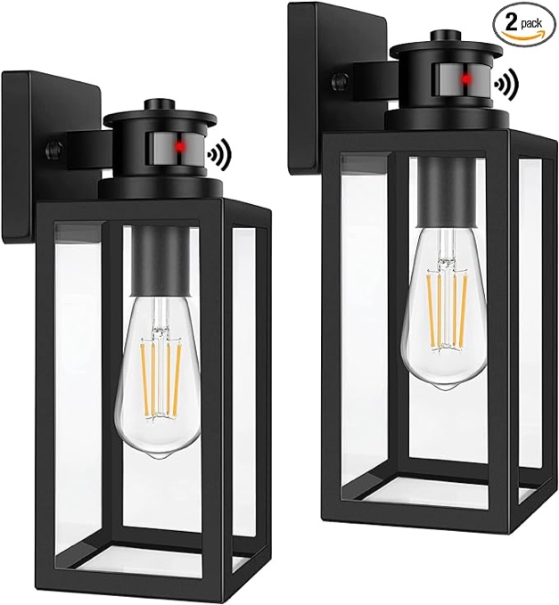 2-Pack Motion Sensor Outdoor Lights, Upgrade Dusk to Dawn Wall Mount Light Fixtures, Motion Sensor Wall Lights for Outside House Porch Garage, Exterior Black Wall Lanterns Sconce with Clear Glass