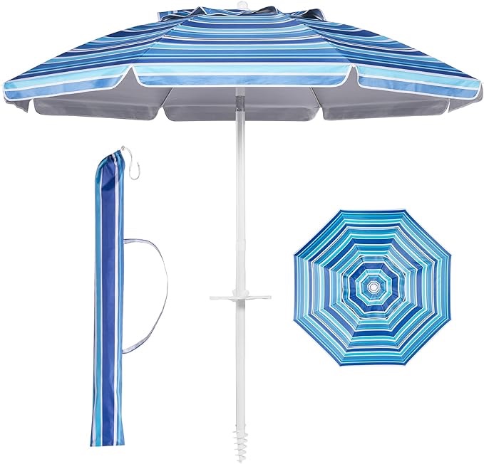 Aoxun Beach Umbrella, 7ft Umbrella with Sand Anchor & Tilt Pole, Portable UV 50+ Protection Beach Umbrella with Carry Bag