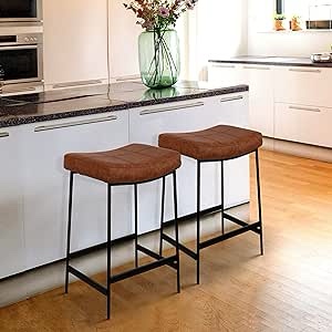 Anmytek 27" Backless Barstools Set of 2 Upholstered Saddle Seat for Kitchen Modern Counter Bar Stools with Thick Cushion and Footrest Brown