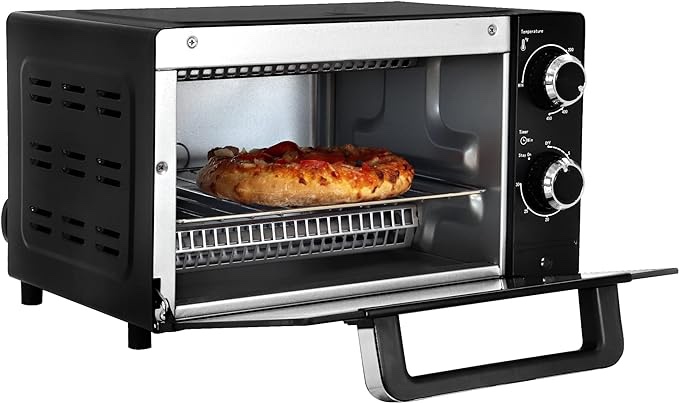 Total Chef 4-Slice Toaster Oven, 1000W, Black Compact Countertop Oven with Natural Convection, Temperature Control Dial, 30 Minute Timer, Bake, Toast, Roast, Includes Baking Pan and Toasting Rack